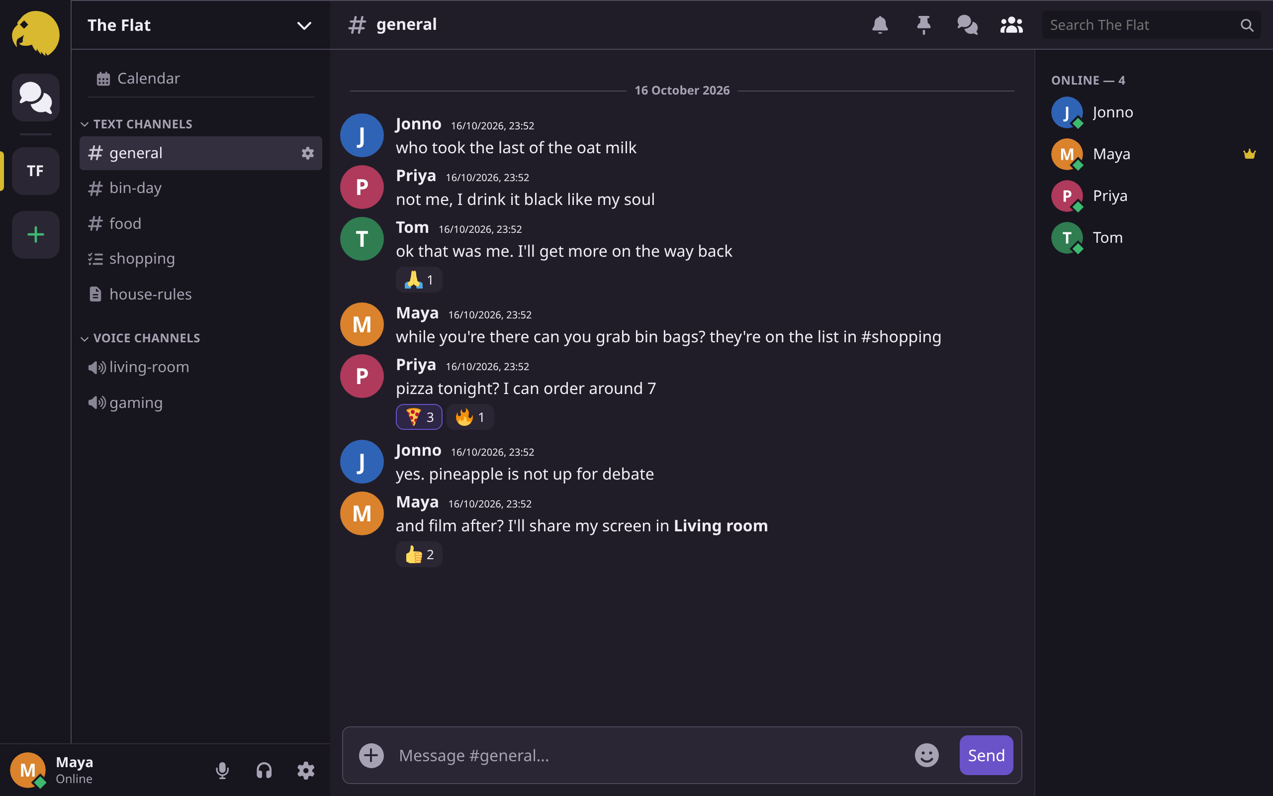 Voicaw on a computer: a guild called The Flat, its channel list, and a chat about oat milk and pizza
